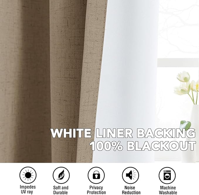 H.VERSAILTEX Linen Curtains 100% Blackout Curtains for Bedroom 54 inch Long Full Light Blocking Nature Linen Blended Window Curtains for Living Room Nickel Grommet (2 Panels, Heathered Macchiato)