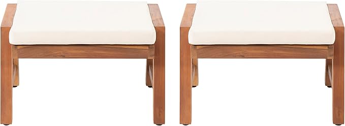 Temecula Outdoor Ottomans with Cushion (Set of 2) - Acacia Wood - Brown/Cream