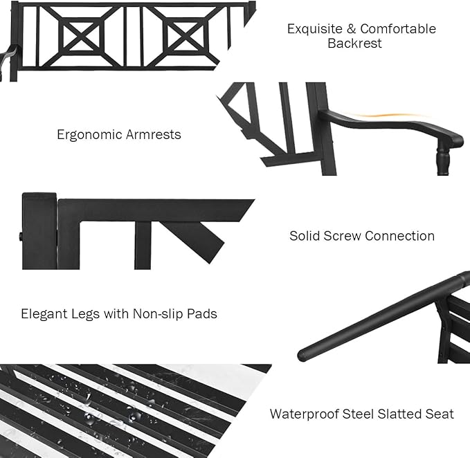 S AFSTAR Outdoor Garden Bench, Metal Porch Bench Seat with Slated Seat & Decorative Backrest, 2-Person Loveseat for Patio Garden, Powder Coated Iron Frame, Patio Bench Front Door Bench for Outside