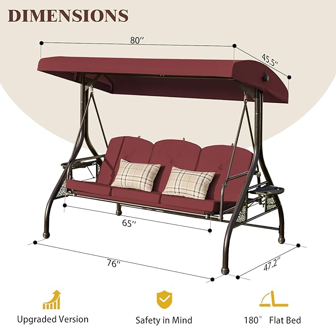 Upgrade 180° Convertible Outdoor Swing for Adults, Outdoor Porch Swing with Stand 800lb Bearing Capacity, 3-Seat Outdoor Swing with Canopy Adjustable, Thickened Cushions (Round, Wine Red)