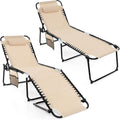 GYMAX Lounge Chairs for Outside, Extra High Folding Beach Tanning Lounger with Adjustable Backrest, Footrest & Removable Pillow, Sunbathing Lounge for Patio, Poolside (2, Sand with Pocket)