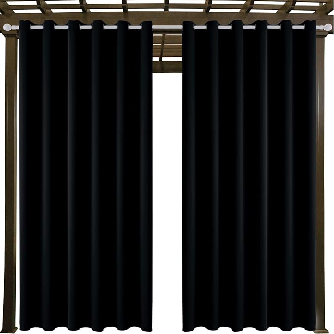 Water Proof Outside Curtains with Grommet Top for Porch, W84 x L95 Thermal Insulated Washable Light Block Outdoor Divider Drapes for Patio Gazebo Deck Pool Area Pergola Cabana (Black)