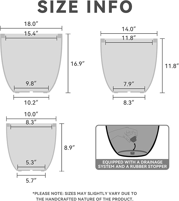 Kante 18",14",10" Dia Concrete Round Planters (Set of 3), Outdoor Indoor Large Planter Pots with Drainage Hole and Rubber Plug for Home Patio Garden, Gray