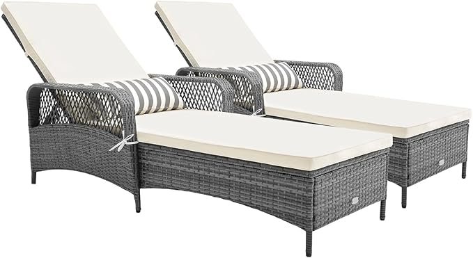 Tangkula Wicker Chaise Lounge Outdoor Set of 2, Patio Rattan Reclining Chaise with 6-Gear Adjustable Backrest, Thick Padded Cushion & Removable Lumbar Pillow, Pool Lounge Chairs for Outside Balcony
