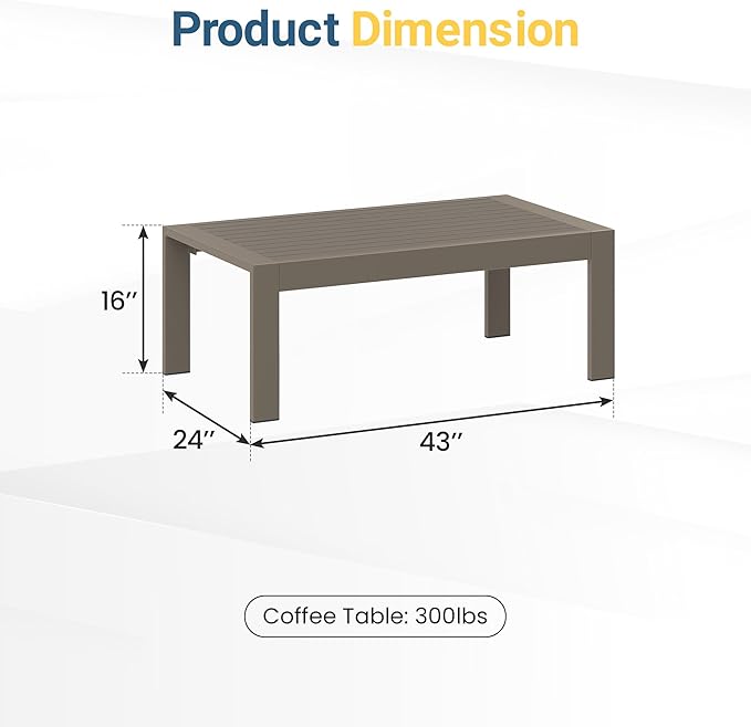 Wisteria Lane Outdoor Furniture Patio Coffee Table, Ourdoor Rectangle Coffee Table, All-Weather Outdoor Metal Coffee Table for Balcony, Garden, Deck, Backyard, Khaki