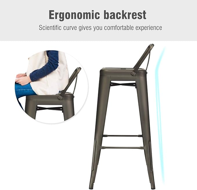 COSTWAY Metal Bar stools Set of 4, with Removable Back, 30'' Bar Height Stools with Rubber Feet, Stylish and Modern Chairs, for Kitchen, Dining Rooms, and Side Bar (Gun, 30'')