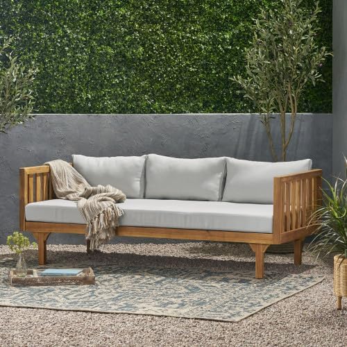 Christopher Knight Home Claremont Patio Sofa and Coffee Table Set, 2 Piece Outdoor Patio Furniture Set with Cushion, Acacia Wood 3 Seater Outdoor Sofa Daybed and Coffee Table Set, Teak+Light Grey