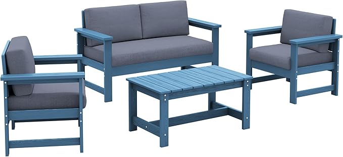 SERWALL 4 Pieces HDPE Outdoor Sofa Set with Cushion, All Weather Use Conversation Couch Set, Outdoor Loveseat Social Furniture with Coffee Table and Cushions, Blue Frame with Grey Cushions