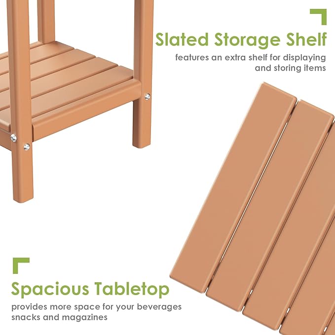 GREENVINES Adirondack-Outdoor-Side-Table | 14 x 13 Inches | HDPE Plastic | All Weather | Teak | Outside End Tables | Storage Shelf | for Patio Porch Backyard Indoor