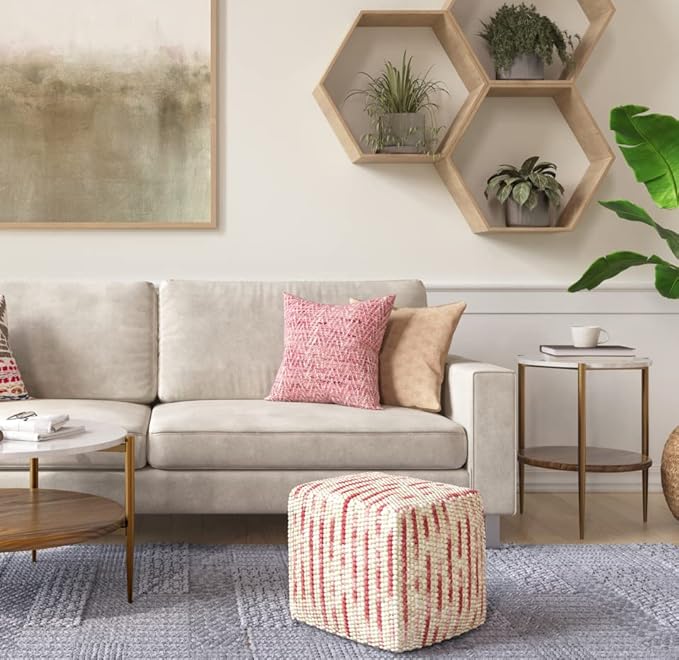 SIMPLIHOME Zoey Boho Cube Woven Pouf in Maroon Cotton and Wool for the Living Room, Bedroom and Kids Room