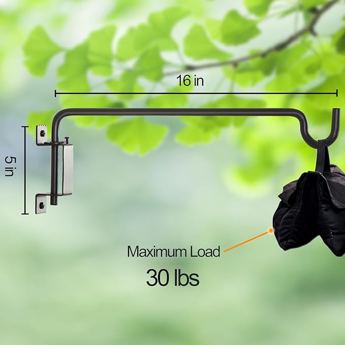 16 Inch Outdoor Hanging Brackets - 360° Swivel Plant Hanger with 12-Directional Adjustable Hook, Rust Resistant Solid Steel Wall Mount for Bird Feeders, Indoor/Outdoor Plants, Garden & Patio