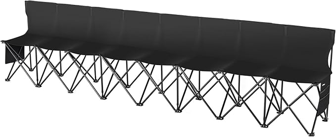 VEVOR Portable Folding Bench, 8 Seats Foldable Sideline Bench, Outdoor Camping Bench Chair with Carry Bag & Backrest, Team Sport Sideline Bench for Football Fishing, No Assembly Instant Seating, Black