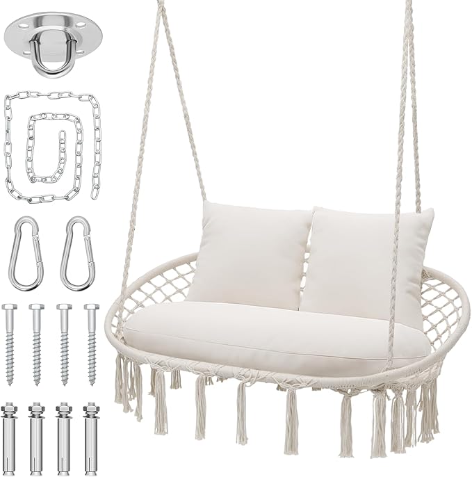 MoNiBloom Double Swing Chair with 3 Cushions for Outside, Large Hanging Macrame Swing Chair for Indoor/Outdoor Relax, Adult Hammock Boho Chair Max 700 lbs Capacity for Porch Balcony Backyard, Beige