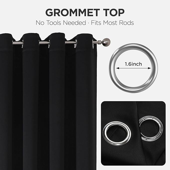 Joydeco Blackout Patio Sliding Door Curtains 96 Inches Long, Grommet Privacy Room Divider Curtains, Extra Wide Thermal Blackout Drapes for Bedroom Living Room (Black, 70Wx96L, 1 Panel)