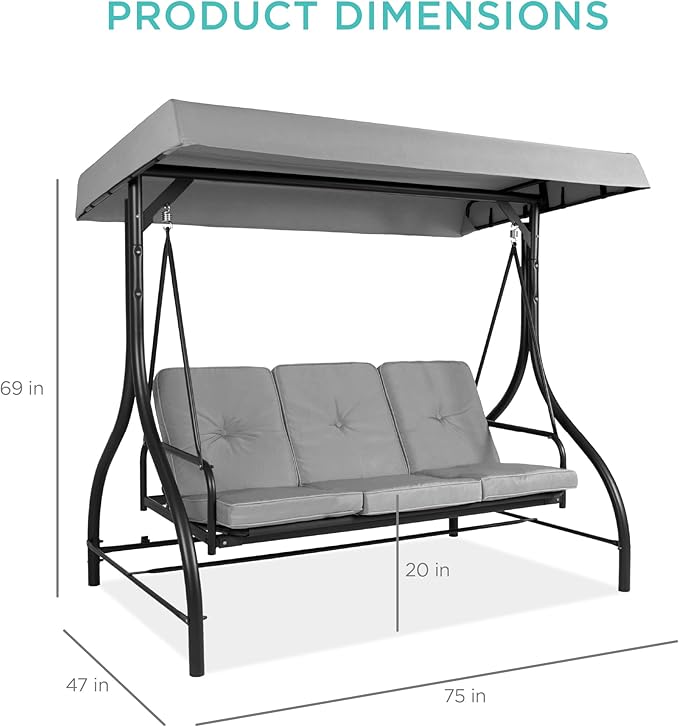 Best Choice Products 3-Seat Outdoor Large Converting Canopy Swing Glider, Patio Hammock Lounge Chair for Porch, Backyard w/Flatbed, Adjustable Shade, Removable Cushions - Fog Gray