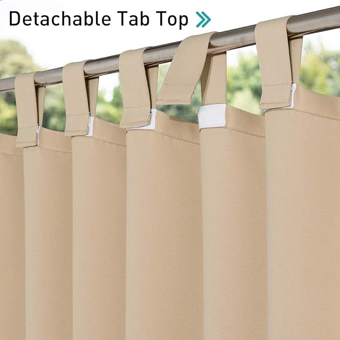 NICETOWN 2 Panels Outdoor Curtains for Patio Waterproof 84" Long, Detachable Sticky Tab Top Thermal Insulated Privacy Sun Blocking & UV Protection Drapes for Porch/Pergola, Biscotti Beige, W52 x L84