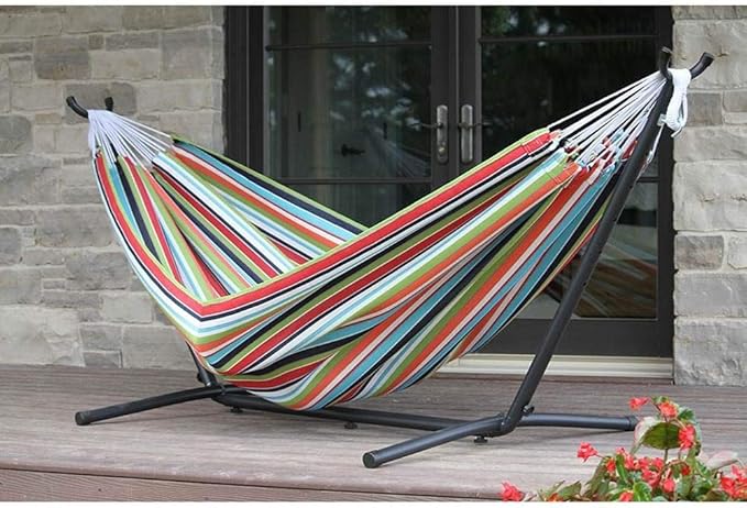 Vivere Double Sunbrella Hammock with Space-Saving Steel Stand, Heavy-Duty Portable Outdoor Hammock Set for Backyard, Patio, or Travel, Token Surfside