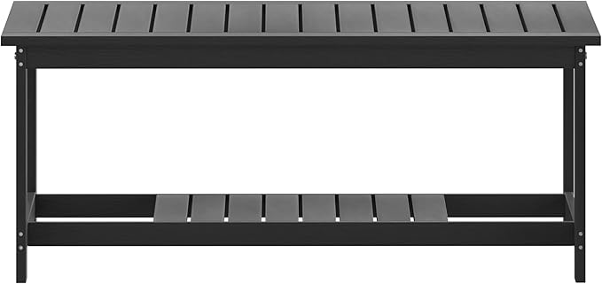 BizChair Two Tiered Commercial Grade Adirondack Coffee Table - Black Finish Poly Resin Wood - All-Weather - Slatted Shelf Design