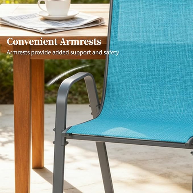 MAMIZO Patio Dining Chairs, Stackable All Weather Teslin Chair, Heavy Duty Outdoor Breathable Chairs Set, w/Armrests, Upgraded Chair FeetW/Strenthened Iron Spacers, 330 LBS (4, Turquoise Blue)