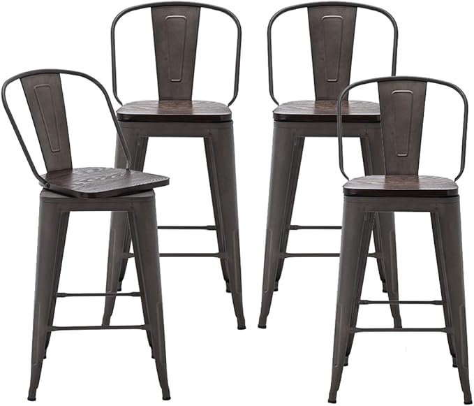 Alunaune 26" Swivel Metal Counter Height Bar Stools Set of 4 High Back Industrial Bar Chairs Kitchen Barstools with Large Wooden Seat-Rusty
