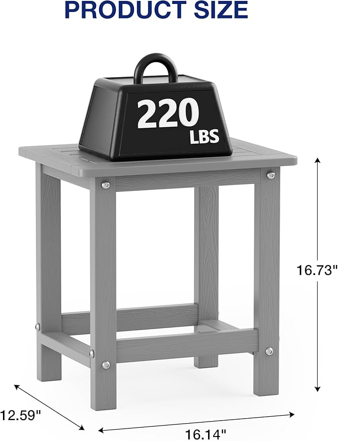 YEFU Outdoor Side Table for Patio: 16" HIPS Weather - Resistant Adirondack Tables - Waterproof Small Square End Tables for Backyard Pool Porch Balcony - Indoor Outdoor Durable Table Grey