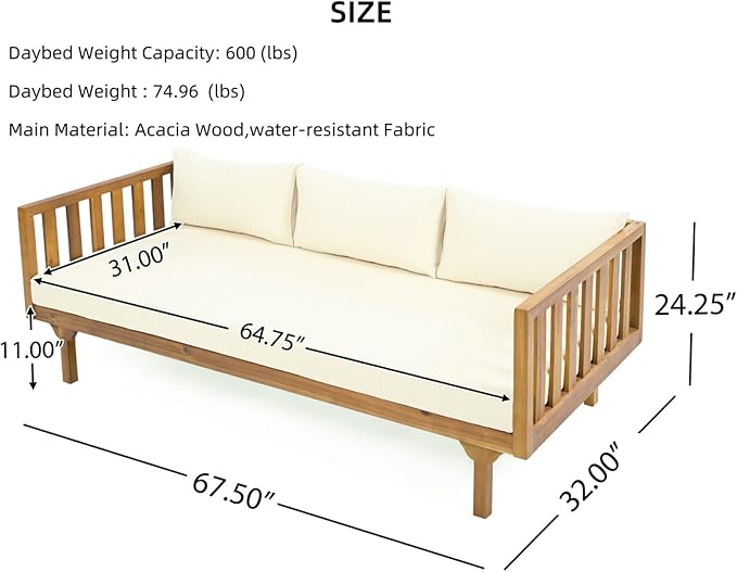 Merax Solid Acacia Wood Couch Chaise Lounge Chair Indoor, 3 Seater Daybed Sofa Couches with Cushions & Pillow, Heavy Frame Day Bed for Living Room, Office, Outdoor, Balcony, Patio, Water Resistant