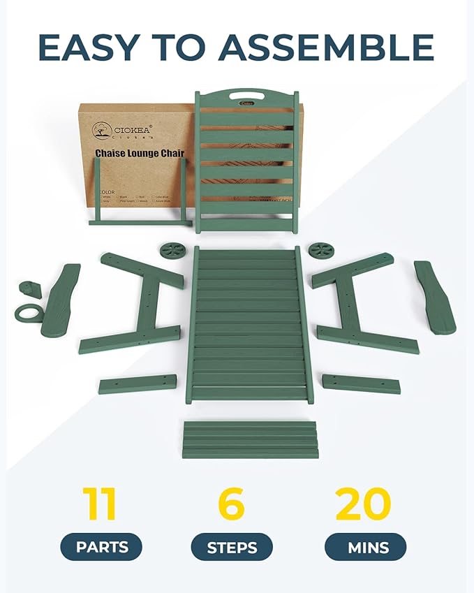 Outdoor Chaise Lounge Chair Set of 2, Patio Lounge Chairs for Outside, HDPE Lounge Chair with Wheels & Cup Holder, Poly Chair with 5 Position for Poolside, Deck, Green