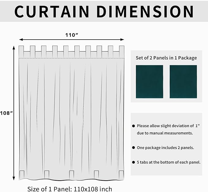Easy-Going Outdoor Patio Curtains Detachable Tab Top Windproof Weatherproof Curtain for Cabana, Porch, Pergola and Gazebo, Tab Bottom Drape, 2 Panels, 110W x 108L inch, Teal