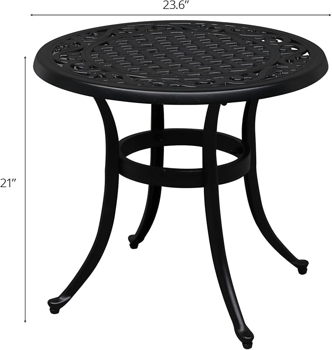 VINGLI 24” Cast Aluminum Outdoor Side Table, All Weather Round Patio Side Table End Table for Porch Backyard Balcony Outside (Black)