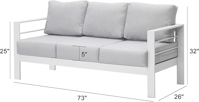 Wisteria Lane Patio Furniture Aluminum Sofa, All-Weather Outdoor 3 Seats Couch, White Metal Chair with Light Grey Cushions