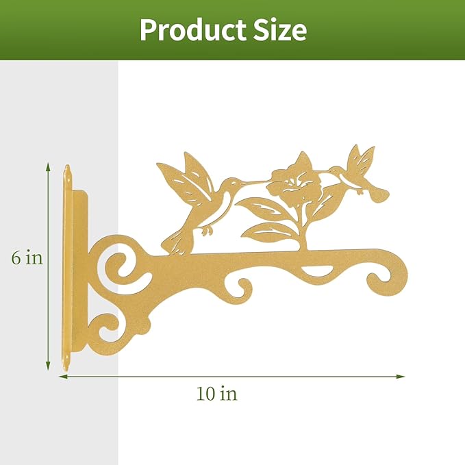 Elegant Bird Pattern Wall Hooks - 10/12/14 Inch Metal Plant Hangers for Indoor & Outdoor - Rust-Resistant Bracket for Plants, Feeders, Chimes, Lanterns (2, Gold, 10 inch)