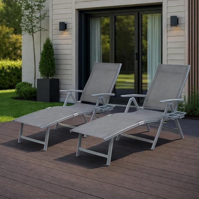 Kozyard Aluminum Outdoor Chaise Lounge Chair, Adjustable Reclining Patio Lounge with Drink Holder, Weather-Resistant Pool, Deck & Yard Recliner,Assemble-Free (Gray, 2Chairs)