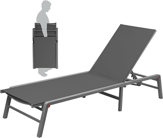 Kozyard Outdoor Foldable Lounge Chair, Aluminum Frame Patio Lounger with 5-Position Adjustable Backrest, Breathable Textilene Fabric, Assemble-Free, Reclining & Full-Flat Poolside (Gray, No Table)