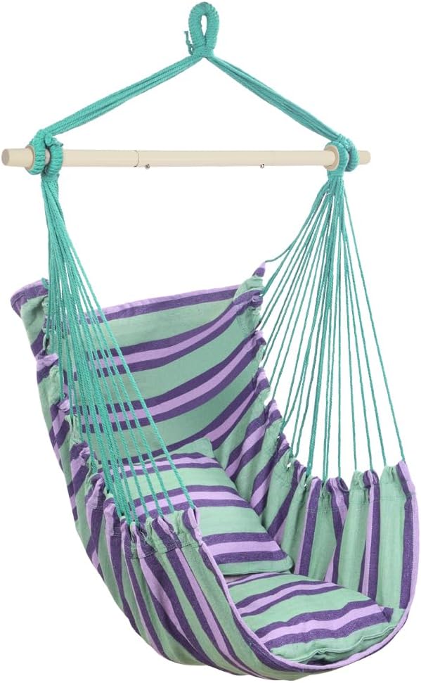 ONCLOUD Hammock Chair Hanging Rope Swing, Load Capacity 550 LBS Macrame Hammock Swing Seat with Two Cushions, Hammock Seat with Portable Steel Spreader Bar for Indoor/Outdoor, Purple Green Stripe