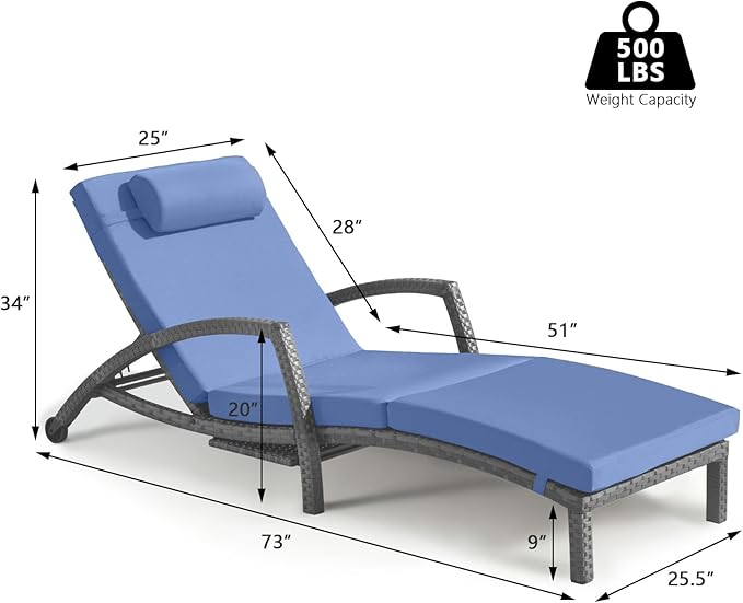 Chaise Lounge Chairs Outdoor Set of 6, Comfy Outside Wicker Patio Pool Lounge Chair w/ 5 Adjustable Back Angle, Cup Holder, Thicken Cushion