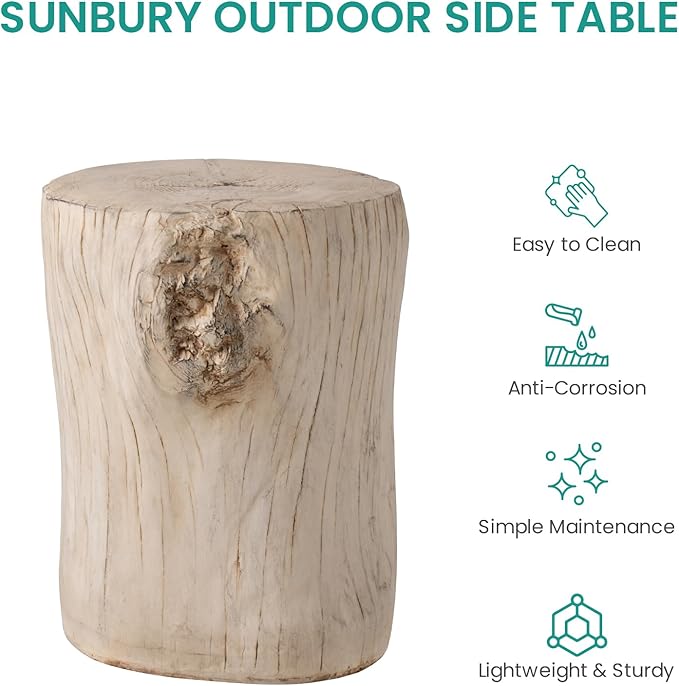 SUNBURY Stump Side Table, Concrete Side Table, Patio Faux Wooden End Table, Beige Stool Plant Stand Holder for Garden Household Living Room­