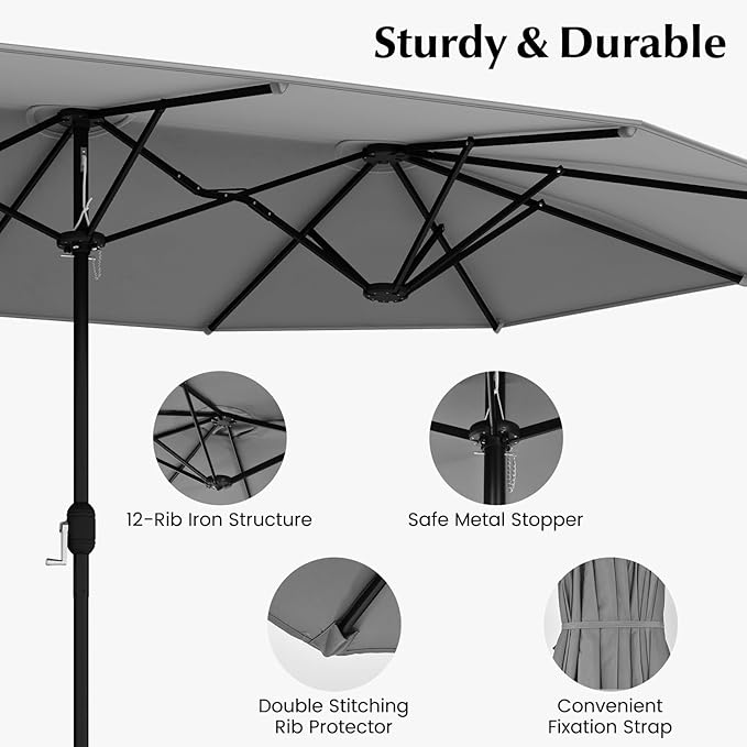 Tangkula 10 Pieces Patio Wicker Dining Set w/Double-Sided Patio Umbrella, Outdoor Acacia Wood Furniture Set w/ 8 Armchairs, 71” Dining Table & 15 ft Umbrella with Weighted Base (Gray)