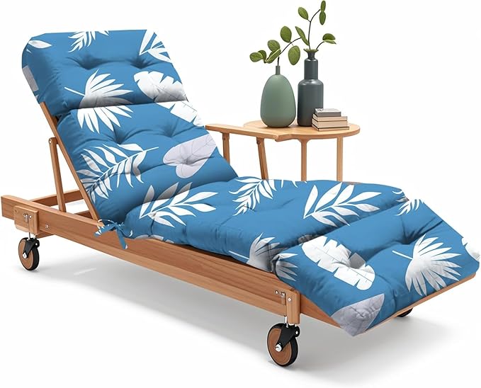 Outdoor Chaise Lounge Chair Cushion 75.1 x 22.8 x 4.7 Inches 100% Waterproof Replacement Cotton Patio Pool Lounge Chair Cushion for Outdoor Furniture with Ties, Blue Leaf