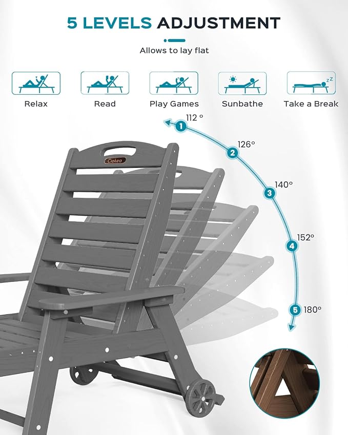 Ciokea Outdoor Lounge Chair Set of 4, All Weather Patio Chaise Lounge Chair for Outside, HDPE Chair with Rolling Wheels & Cup Holder, 5 Position, Deck, Pool, Dark Grey