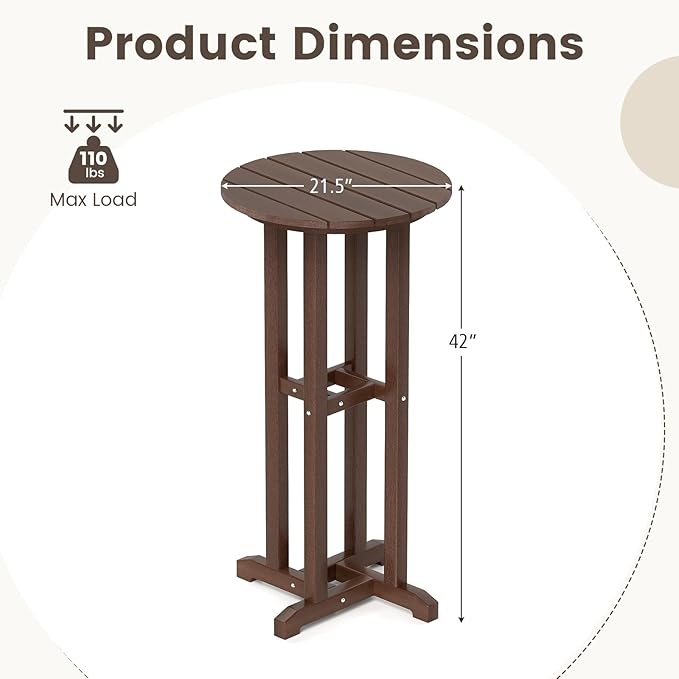 Tangkula 21.5" Round Bar Table, Patio HDPE Bar Height Dining Table w/Slatted Tabletop, Outdoor All-Weather High-Top Bistro Table for Poolside, Backyard, Balcony (Brown)