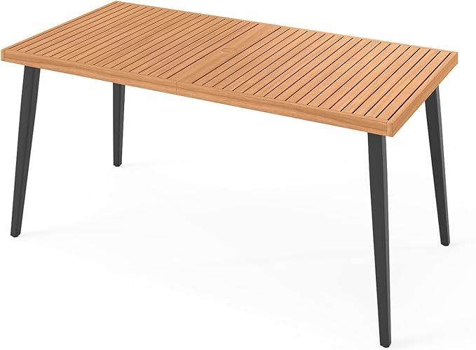 Tangkula 63" Acacia Wood Patio Dining Table for 6, Outdoor Dining Table with 1.97" Umbrella Hole & Metal Legs & Adjustable Foot Pads, Rectangular 6-Person Outside Table for Garden, Poolside & Backyard