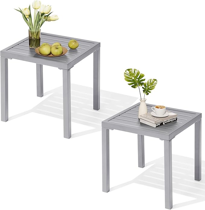 Crestlive Products Outdoor Side Table Set of 2, Small Square Metal End Table Weather Resistant Pool Side Tables for Patio Balcony（Light Gray