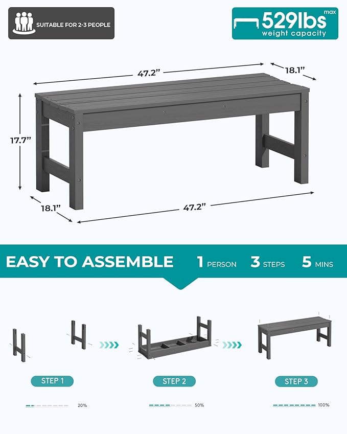 SERWALL 47 Inches Outdoor Bench Set of 2, All Weather HDPE Backless Bench with Wood Grain Texture for Garden Porch and Park, Curved Bench Seat for Comfort, Grey