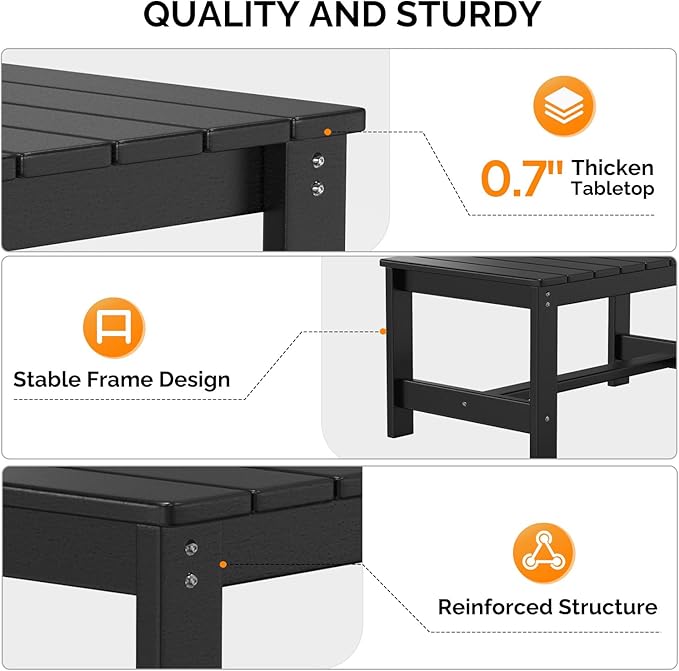 VINGLI Outdoor Coffee Table, HDPE Patio Coffee Table for Outside, All-Weather Rectangle Coffee Table for Deck, Garden, Balcony, Porch, Indoor & Outdoor Use, Black