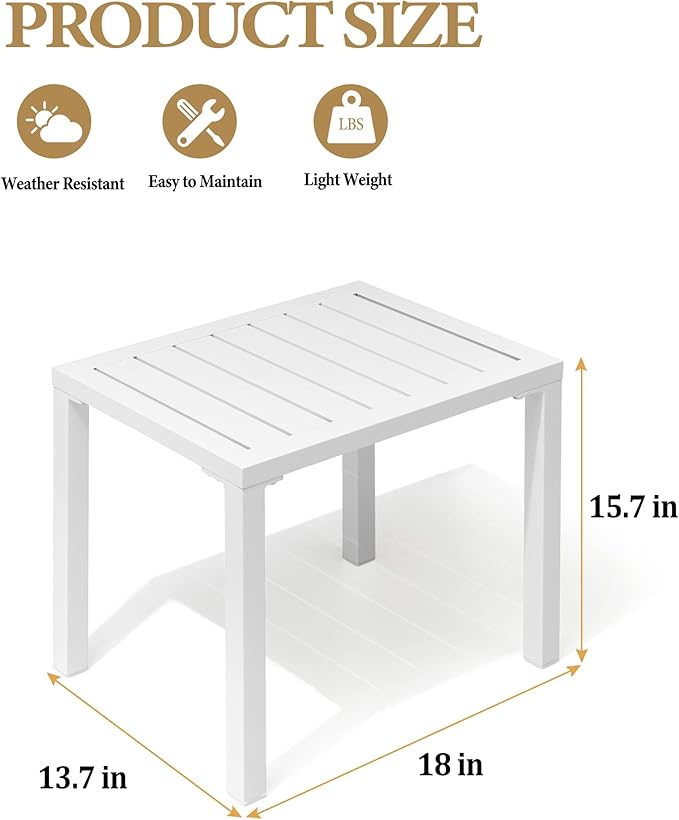 Crestlive Products Outdoor Side Table Set of 2, Aluminum Rectangular Side/End Table, Small Patio Coffee Bistro Table for Outdoor Indoor (White)