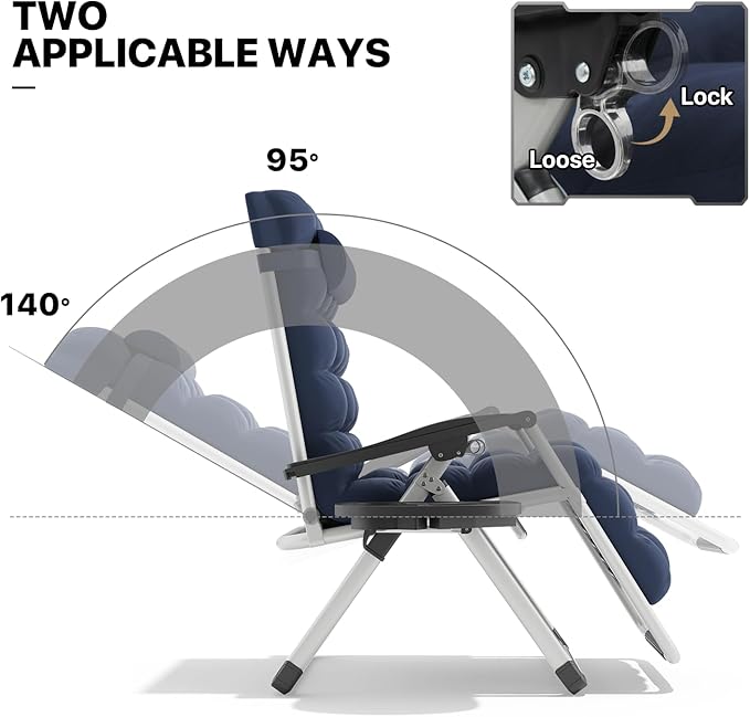 MoNiBloom Stable Folding Chair Outdoor Lounge Chair Beach Pool Lawn Recliner Sunbathing Chair, with Detachable Soft Cushion, Pillow and Side Tray, 330lbs Capacity Blue