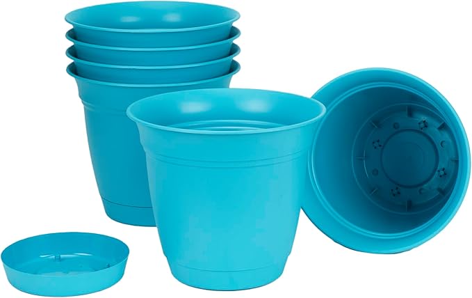 The HC Companies 8 Inch Eclipse Round Planter Pots with Drainage Holes & Attached Saucer, Lightweight UV-Resistant Plastic Indoor & Outdoor Planters, 6-Pack Flower Pots for Garden & Home Decor, Teal