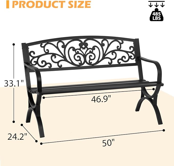 PayLessHere Black Outdoor Metal Loveseat Chairs Patio Garden Bench 50-inch Slatted Seat Armrests Floral Design Plastics Backres Perfect for Park, Yard, Porch, Lawn, Balcony, Backyard
