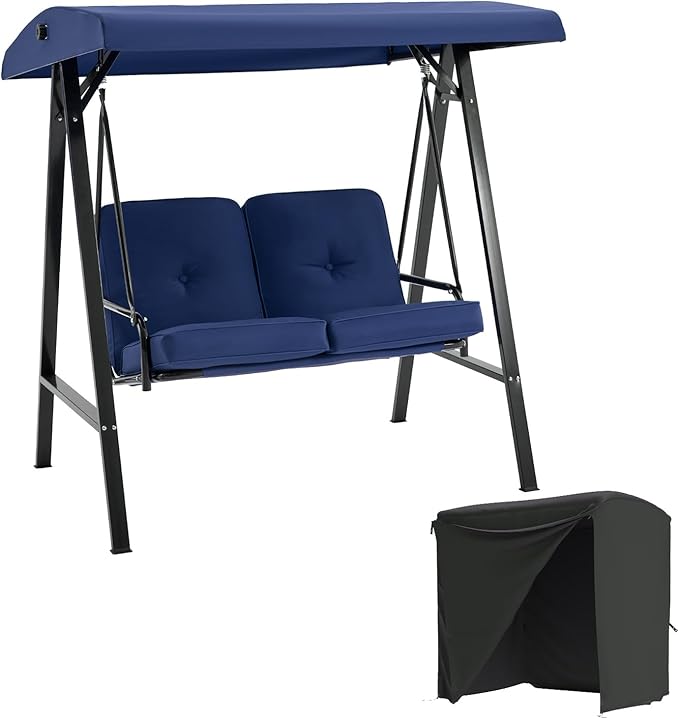 AECOJOY 2-Seat Outdoor Patio Swing Chair with Cover, Porch Swings Chairs for Adult, Outside Swing Bench with Adjustable Canopy&Removable Cushion, Blue