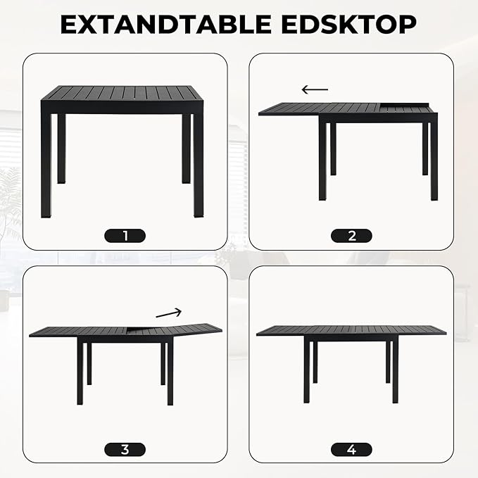 Grand patio 7-Piece Outdoor Dining Set, 6 Leather-Look Wicker Blue Swivel Patio Chairs & 1 Expandable Dining Table, Black